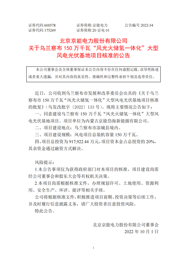 京能電力150萬千瓦“風光火儲氫”基地獲批！