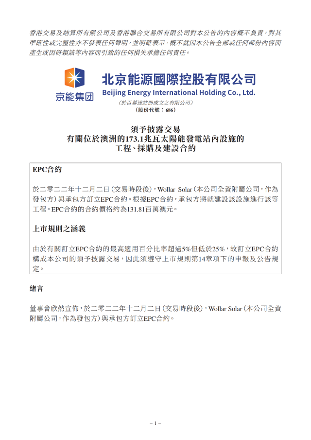 6.17億！北京能源國際簽訂173.1MW光伏EPC合約