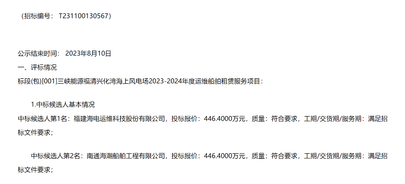 三峽能源風(fēng)電運維船租賃公布中標(biāo)候選人